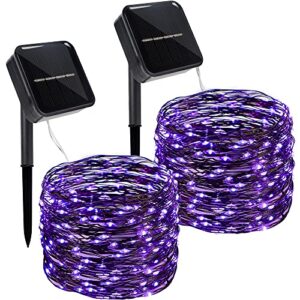 twinkle star 33 ft 120 led outdoor solar string lights, solar powered halloween decorative fairy lights with 8 modes, waterproof black wire light christmas patio yard wedding party, purple, 2 pack