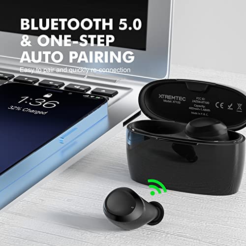 XTREMTEC True Wireless Earbuds, Bluetooth Earbuds Noise Cancelling Bluetooth Headphones for iPhone/Android Small Earbuds with Mic Waterproof Cordless in-Ear Earphones Deep Bass Sound (Black)