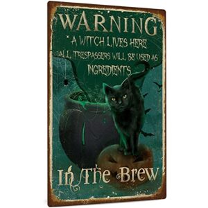putuo decor halloween sign, funny black cat wall art decor for home, 12x8 inches aluminum metal sign - warning a witch lives here all trespassers will be used as ingredients in the brew