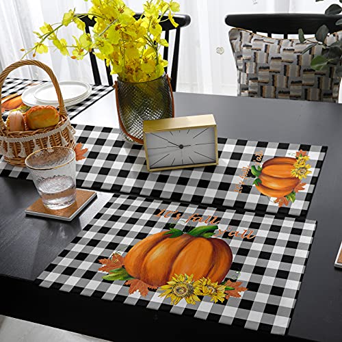 Linen Burlap Table Runner and Placemats-It's Fall Y'all Pumpkin Sunflower Maple Leaf on Black White Buffalo Plaid,Heat-Resistant Washable Placemats Set of 6 with Runner for Dining Table Farmhouse