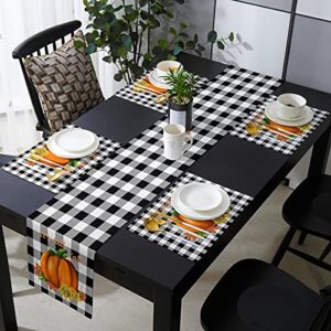 Linen Burlap Table Runner and Placemats-It's Fall Y'all Pumpkin Sunflower Maple Leaf on Black White Buffalo Plaid,Heat-Resistant Washable Placemats Set of 6 with Runner for Dining Table Farmhouse