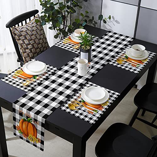 Linen Burlap Table Runner and Placemats-It's Fall Y'all Pumpkin Sunflower Maple Leaf on Black White Buffalo Plaid,Heat-Resistant Washable Placemats Set of 6 with Runner for Dining Table Farmhouse