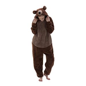 cosusket fitted unisex adult bear onesie pajamas, halloween sherpa women's cosplay animal one piece costume (brown, xlarge)