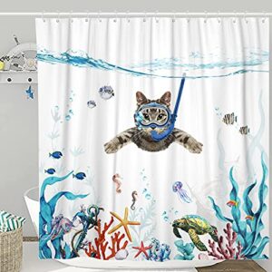 fowocu funny cat shower curtain set teal blue sea ocean waterproof fabric shower curtains with animal octopus starfish turtle anchor fish nautical bathroom curtain decor (blue, 72''×72'')