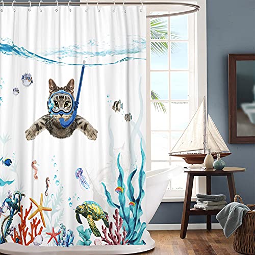 Fowocu Funny Cat Shower Curtain Set Teal Blue Sea Ocean Waterproof Fabric Shower Curtains with Animal Octopus Starfish Turtle Anchor Fish Nautical Bathroom Curtain Decor (Blue, 72''×72'')