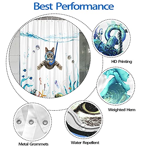 Fowocu Funny Cat Shower Curtain Set Teal Blue Sea Ocean Waterproof Fabric Shower Curtains with Animal Octopus Starfish Turtle Anchor Fish Nautical Bathroom Curtain Decor (Blue, 72''×72'')