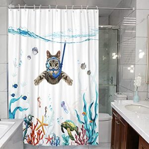 Fowocu Funny Cat Shower Curtain Set Teal Blue Sea Ocean Waterproof Fabric Shower Curtains with Animal Octopus Starfish Turtle Anchor Fish Nautical Bathroom Curtain Decor (Blue, 72''×72'')