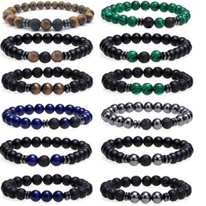 wainis 12 pcs gemstone beads stretch bracelets for men women energy yoga healing matte lava rock volcanic stone essential diffuser oil bracelet