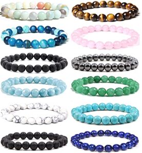 jewdreamer 12pcs healing stone beaded bracelets for women men semi-precious gemstones bracelets crystal beaded bracelet unisex adjustable stretch bracelets 8mm