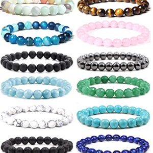 Jewdreamer 12Pcs Healing Stone Beaded Bracelets for Women Men Semi-Precious Gemstones Bracelets Crystal Beaded Bracelet Unisex Adjustable Stretch Bracelets 8MM