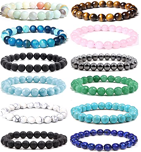 Jewdreamer 12Pcs Healing Stone Beaded Bracelets for Women Men Semi-Precious Gemstones Bracelets Crystal Beaded Bracelet Unisex Adjustable Stretch Bracelets 8MM