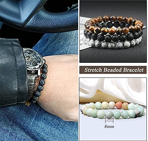 Jewdreamer 12Pcs Healing Stone Beaded Bracelets for Women Men Semi-Precious Gemstones Bracelets Crystal Beaded Bracelet Unisex Adjustable Stretch Bracelets 8MM