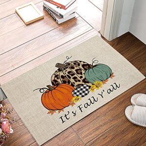 Thanksgiving Doormat Harvest Pumpkin Orange Entrance Door Rug Leopard Sunflower It's Fall Y'all Indoor/Bathroom/Kitchen/Bedroom/Entryway Floor Mat Thanksgiving Harvest Decorative Anti-Slip 18x30inch