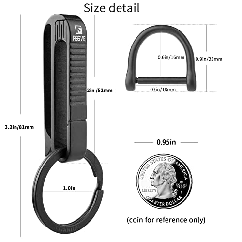 TISUR Belt Loop Keychain Clip, Titanium Key Fob Holder with detachable black Titanium key ring for duty belt, Car key Chain Gifts for Men Women (RK1+D)