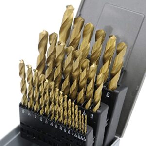 monster & master titanium-plated drill bit set, high-speed steel gold drill bits with 135-degree bifurcated tip, 1/16"to 1/2", long twisted metal jobber bit, 29-piece