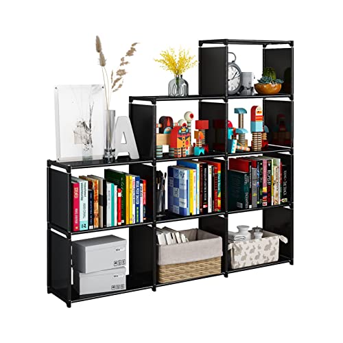 JIUYOTREE Portable Bookcase, 9 Cube Closet Storage Organizer Bookshelf,Clothes Storage for Living Room,Study Room,Bedroom, Black