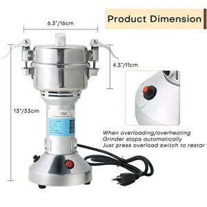 FLKQC High Speed 150g Electric Grain Mill Machine Spice Herb Grinder 850W 70-300 Mesh 28000RPM Stainless Steel Commercial Grade for Kitchen Herb Spice Pepper Coffee (150g)