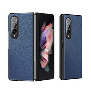 zyky phone case for galaxy z fold 3, genuine leather protection cover pc hard shockproof back cover protector case shell compatible with samsung galaxy z fold 3 5g (blue)