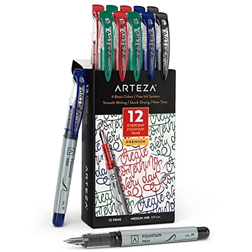 ARTEZA Disposable Fountain Pen Set of 12, 4 Basic Colors - Quick-Drying Ink for Smooth Writing, Calligraphy, Journaling, Sketching, and Doodling