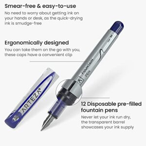 ARTEZA Disposable Fountain Pen Set of 12, 4 Basic Colors - Quick-Drying Ink for Smooth Writing, Calligraphy, Journaling, Sketching, and Doodling