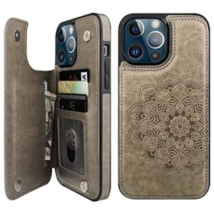 vaburs compatible with iphone 13 pro max case wallet with card holder, embossed mandala pattern flower pu leather double buttons flip shockproof cover for magnetic car mount 6.7 inch (gray)