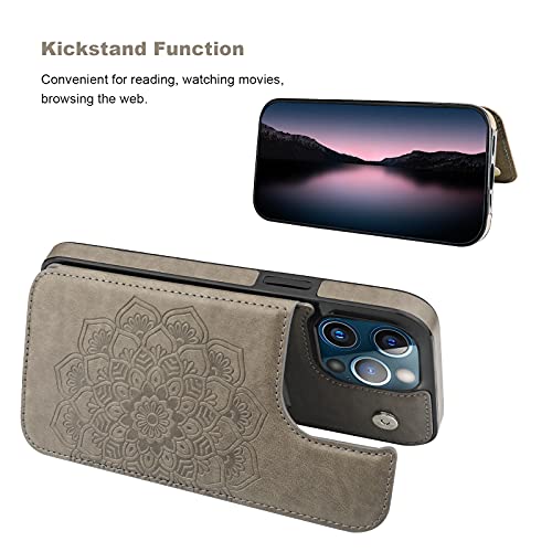 Vaburs Compatible with iPhone 13 Pro Max Case Wallet with Card Holder, Embossed Mandala Pattern Flower PU Leather Double Buttons Flip Shockproof Cover for Magnetic Car Mount 6.7 Inch (Gray)