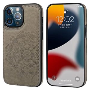 Vaburs Compatible with iPhone 13 Pro Max Case Wallet with Card Holder, Embossed Mandala Pattern Flower PU Leather Double Buttons Flip Shockproof Cover for Magnetic Car Mount 6.7 Inch (Gray)