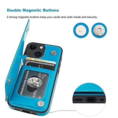 Vaburs Compatible with iPhone 13 Mini Case Wallet with Card Holder, Embossed Mandala Pattern Flower PU Leather Double Buttons Flip Shockproof Cover for Magnetic Car Mount 5.4 Inch (Blue)