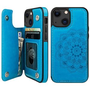 vaburs compatible with iphone 13 mini case wallet with card holder, embossed mandala pattern flower pu leather double buttons flip shockproof cover for magnetic car mount 5.4 inch (blue)