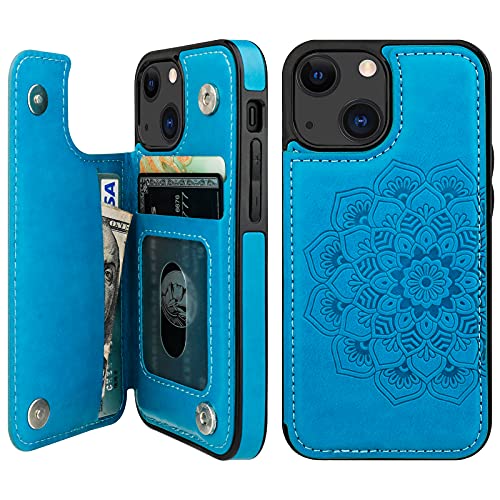 Vaburs Compatible with iPhone 13 Mini Case Wallet with Card Holder, Embossed Mandala Pattern Flower PU Leather Double Buttons Flip Shockproof Cover for Magnetic Car Mount 5.4 Inch (Blue)