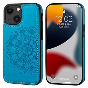 Vaburs Compatible with iPhone 13 Mini Case Wallet with Card Holder, Embossed Mandala Pattern Flower PU Leather Double Buttons Flip Shockproof Cover for Magnetic Car Mount 5.4 Inch (Blue)