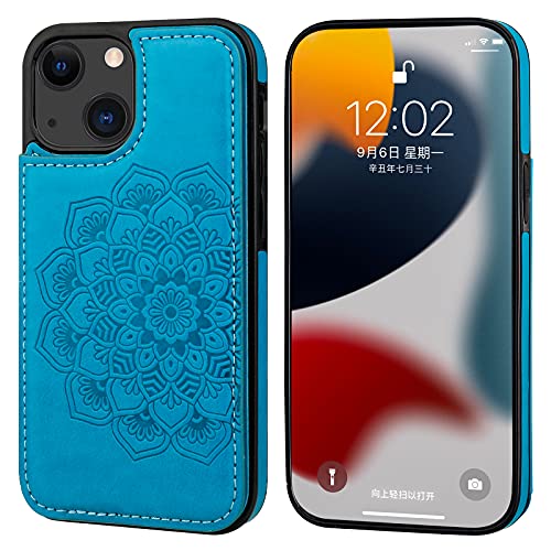 Vaburs Compatible with iPhone 13 Mini Case Wallet with Card Holder, Embossed Mandala Pattern Flower PU Leather Double Buttons Flip Shockproof Cover for Magnetic Car Mount 5.4 Inch (Blue)