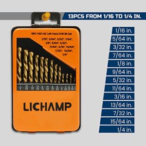 Lichamp Left Hand Drill Bit Set for Metal Sheet, 13-Piece Genuine M2 HSS Twist Reverse Drill Bits, 13 Sizes from 1/16 to 1/4 inches