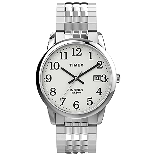 Timex Men's Easy Reader 35mm Perfect Fit Watch – Silver-Tone Case White Dial with Silver-Tone Expansion Band