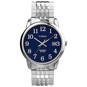 timex men's easy reader 35mm perfect fit watch – silver-tone case blue dial with silver-tone expansion band