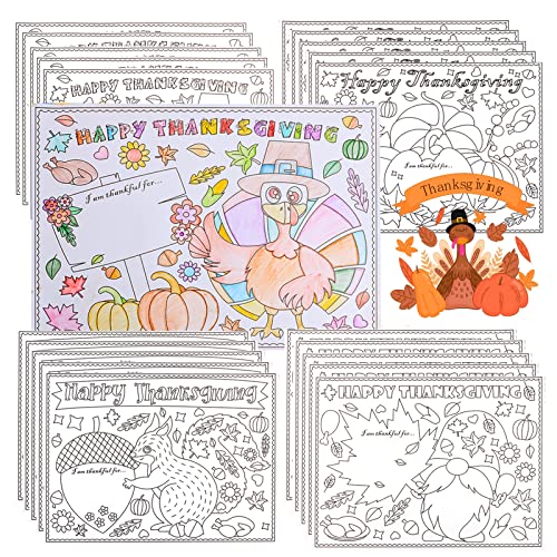 【New】 Thanksgiving Placemat for Kid, Table mat Coloring Activity Paper Crafts to Write Thankful List by Children, 20* Sunflower Maple Leaves Pumpkin Gnomes Turkey Give Thanks Placemats for Kid Gift