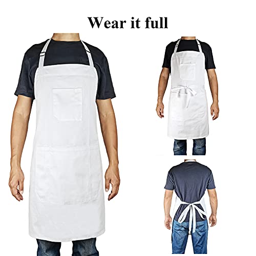 DCCPAA 100% Cotton Professional Chef Apron for men and women,Adjustable Bib with Roomy Pockets for Cooking Kitchen BBQ Grill Barber and Drawing(White)