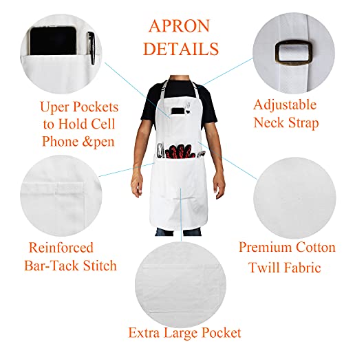 DCCPAA 100% Cotton Professional Chef Apron for men and women,Adjustable Bib with Roomy Pockets for Cooking Kitchen BBQ Grill Barber and Drawing(White)