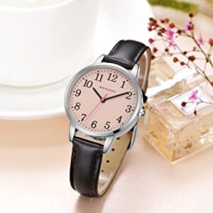 BRIGADA Women's Watch Nice Fashion Elegant Pink Black Leather Band Ladies Watch for Women