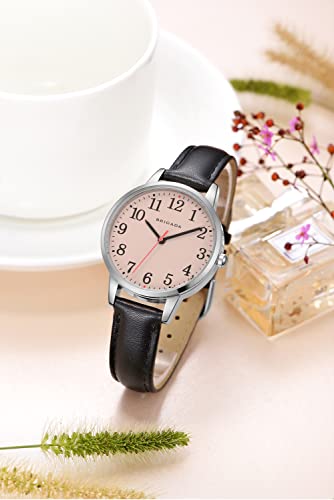 BRIGADA Women's Watch Nice Fashion Elegant Pink Black Leather Band Ladies Watch for Women