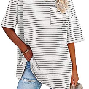 Fisoew Womens Striped Oversized Tees Loose T Shirts Half Sleeve Crew Neck Cotton Tunic Tops with Pockets