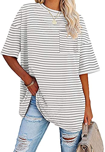 Fisoew Womens Striped Oversized Tees Loose T Shirts Half Sleeve Crew Neck Cotton Tunic Tops with Pockets