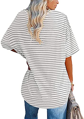 Fisoew Womens Striped Oversized Tees Loose T Shirts Half Sleeve Crew Neck Cotton Tunic Tops with Pockets