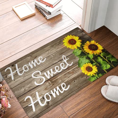 Sunflower Welcome Doormat Summer Door Mat, 17 X 29 Inch Wood Background Flower Spring Summer Decorative Home Sweet Home Entrance Mat Non-Slip Backing Floor Mat for Kitchen Bathroom