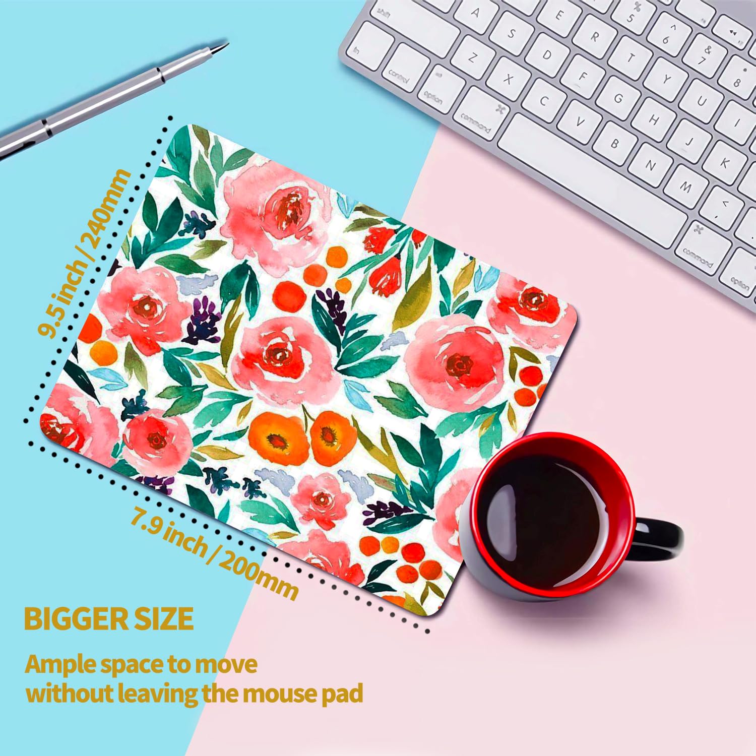 Hokafenle Square Mouse Pad, Smooth Premium-Textured Mouse Mat Thick, Computer Mousepad for Wireless Mouse, Non-Slip Base(9.5 x 7.9 Inch, Watercolor Rose Floral)