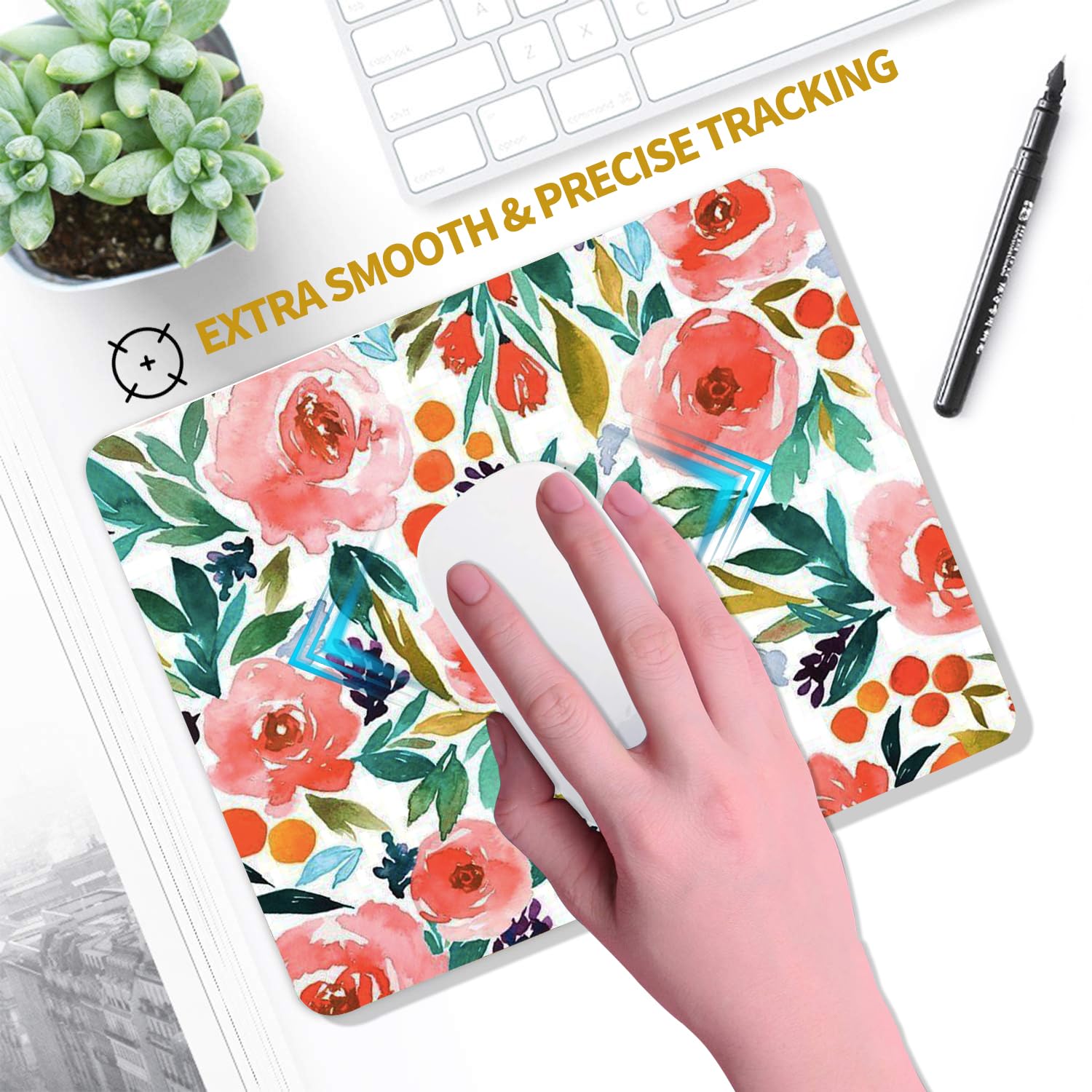 Hokafenle Square Mouse Pad, Smooth Premium-Textured Mouse Mat Thick, Computer Mousepad for Wireless Mouse, Non-Slip Base(9.5 x 7.9 Inch, Watercolor Rose Floral)