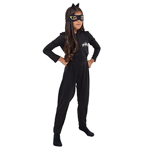 Miraculous Cat Noir Big Girls Zip Up Cosplay Costume Coverall Tail Mask and Headband 4 Piece Set Black 10-12