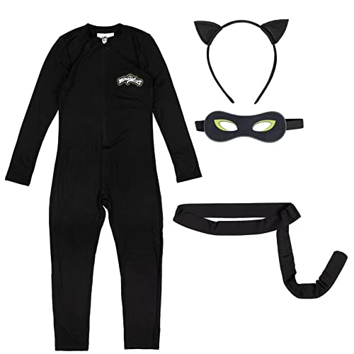 Miraculous Cat Noir Big Girls Zip Up Cosplay Costume Coverall Tail Mask and Headband 4 Piece Set Black 10-12