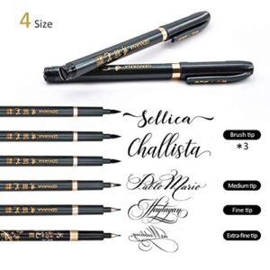 Rilanmit Hand Lettering Pens, Refillable Calligraphy Pens Brush Marker Pens Set Black, 4 Size for Writing, Painting, Drawing, Pack of 6