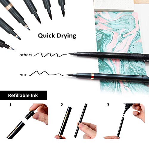 Rilanmit Hand Lettering Pens, Refillable Calligraphy Pens Brush Marker Pens Set Black, 4 Size for Writing, Painting, Drawing, Pack of 6